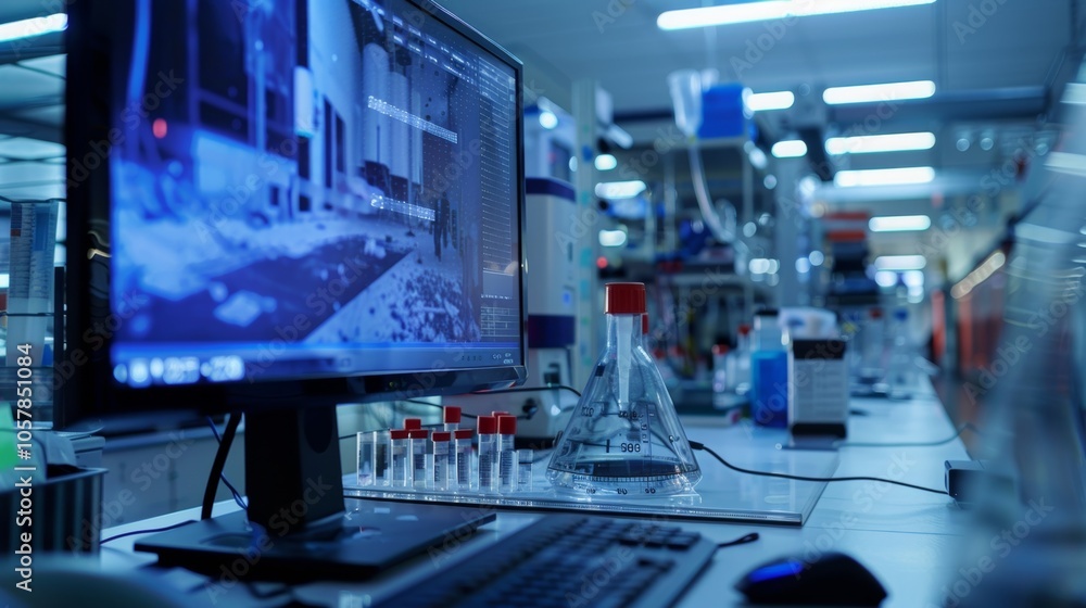 Poster modern laboratory showing a computer displaying scientific data and test tubes on a table, with labo