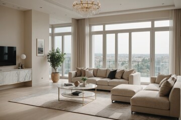Fototapeta premium living room with soft beige furniture in a light luxury interior design of a modern apartment in a minimalist style with marble trim and huge windows