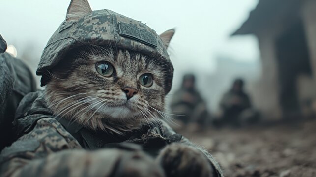 A military cat in camouflage gear observing quietly during a training exercise in a dusty camp