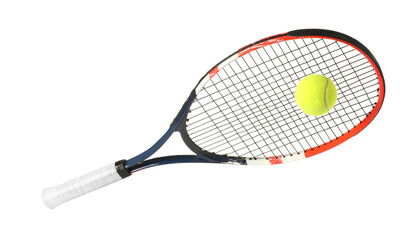 Tennis racket with ball isolated on white