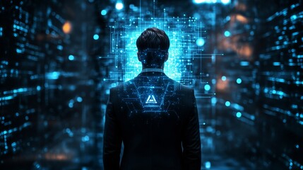 Businessman with illuminated AI lightbulb, representing the impact of AI on future tech