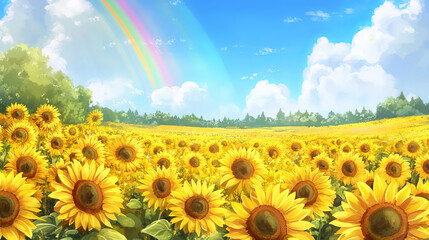 A vibrant sunflower field with bright yellow blooms set against a natural landscape, with a colorful rainbow arching overhead.