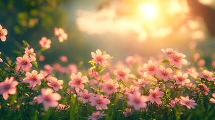 Fototapeta premium Pink flowers blooming in a field at sunset.