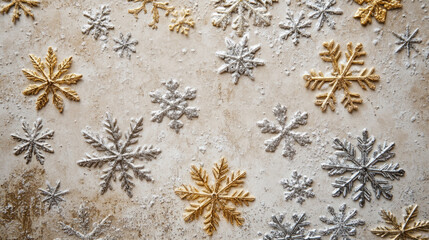 Gold and silver snowflakes arranged on a textured beige background with dusted snow effect. Winter and holiday decoration concept. Design for greeting card, invitation, poster, banner.
