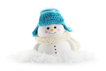 Cute decorative snowman and artificial snow isolated on white