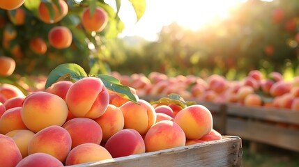 A crate full of peaches with a bright orange color. The peaches are piled up and are ready to be picked