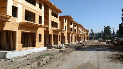 Fototapeta premium A construction site with a lot of unfinished buildings. The buildings are made of wood and are in the process of being built