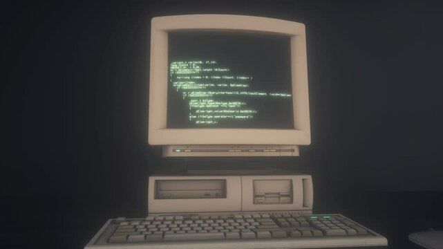 Close-up of old computer monitor with code on screen on table in 90s office