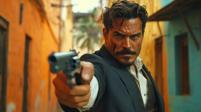 Serious man points a gun in a back alley, evoking danger and tension. The urban setting adds a cinematic feel to this dramatic image of crime and conflict