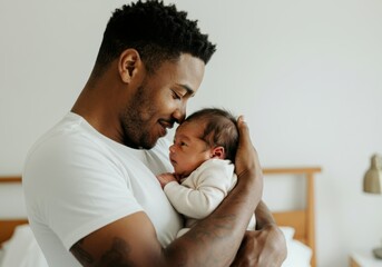 Loving father holding newborn baby in cozy bedroom setting