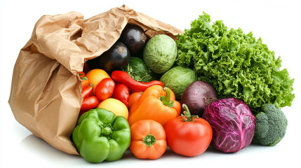 A studio shot of a paper bag filled with fresh fruits and vegetables, isolated against a white background. The bag overflows with vibrant produce, including items like apples, bananas, tomatoes