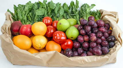 A studio shot of a paper bag filled with fresh fruits and vegetables, isolated against a white background. The bag overflows with vibrant produce, including items like apples, bananas, tomatoes