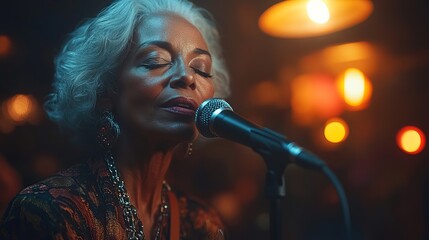 Elegant senior woman with gray hair sings passionately on dimly lit stage, creating captivating atmosphere in cozy jazz club