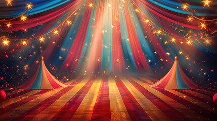 frame, horizontal banner, abstract background, red striped circus dome, wooden circus stage, floodlights, luminous garlands, glitter and radiance, bokeh effect, copy space, free space for text