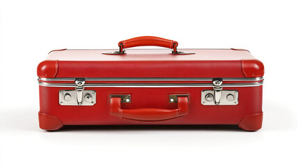 A red travel suitcase set against a white background, isolated to highlight its details. The suitcase has a sleek design, ideal for use in travel or luggage branding visuals.