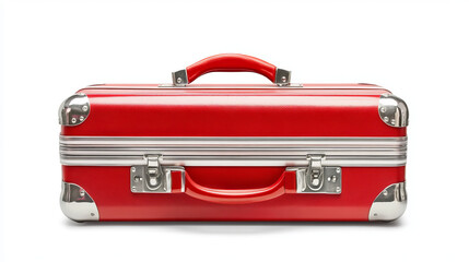 A red travel suitcase set against a white background, isolated to highlight its details. The suitcase has a sleek design, ideal for use in travel or luggage branding visuals.