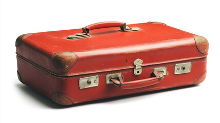 A red travel suitcase set against a white background, isolated to highlight its details. The suitcase has a sleek design, ideal for use in travel or luggage branding visuals.