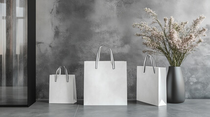 A mockup of a white paper shopping bag placed against a gray background wall. The bag is clean and minimalistic, ideal for showcasing branding or design elements on its smooth surface.