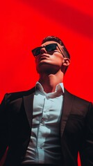 Fototapeta premium Portrait of a confident businessman wearing sunglasses and a suit, looking up against a vibrant red background, conveying ambition, success, and style