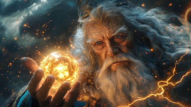 Powerful wizard with long white beard and crown holding glowing orb, casting a magic spell with sparks and lightning in a dramatic fantasy scene
