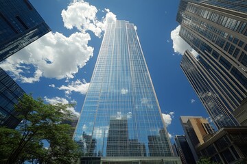 Obraz premium Tall modern skyscraper reflecting clouds in the bright daylight sky in an urban setting
