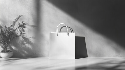 A mockup of a white paper shopping bag placed against a gray background wall. The bag is clean and minimalistic, ideal for showcasing branding or design elements on its smooth surface.
