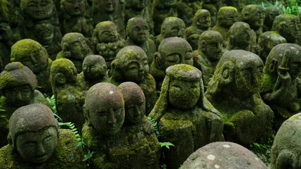 Moss covered Japanese stone statues - close up