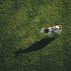 Top view of a white and brown cow with its shadow on a sunlit green field.