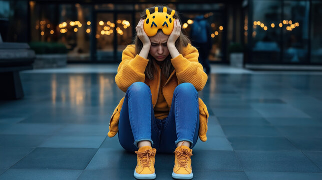 Young woman sitting on the ground holding a yellow cartoon-style face mask with emojis, wearing a yellow sweater and orange shoes in a modern urban setting with blurred lights. - Powered by Adobe