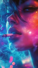 Naklejka premium Cyberpunk woman with black hair and intense gaze smoking a cigarette, enveloped in vibrant neon light and smoke, creating a futuristic and edgy atmosphere