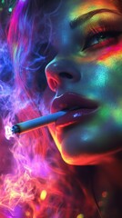 Fototapeta premium Close-up portrait of a woman with vibrant, colorful makeup smoking a cigarette, illuminated by neon lights, creating a smoky, atmospheric scene