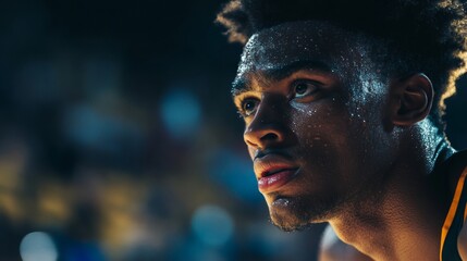 Close-up portrait of a determined basketball player sweating profusely, his face glistening under the stadium lights during an intense night game