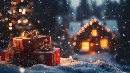 Cozy Christmas Scene with Gifts and Festive Lights in the Snow
