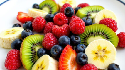 Obraz premium Fresh fruit salad on a white plate.
