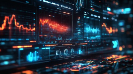 A futuristic digital dashboard displaying real-time stock market trends