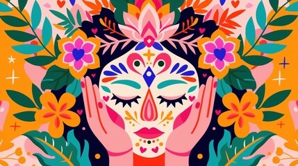 Stylized face with closed eyes, surrounded by vibrant flowers 2D illustration, ai generated