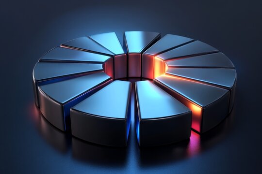 Abstract 3D pie chart, glowing segments, conceptual design, modern interface - Powered by Adobe