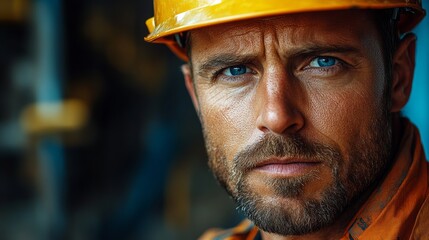 Close-up portrait of a confident construction worker wearing a hard hat, showcasing professionalism and safety on a job site
