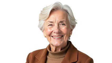 Portrait of a smiling old senior woman, stylish mature woman, looking at camera, happy face, isolated on transparent background, horizontal