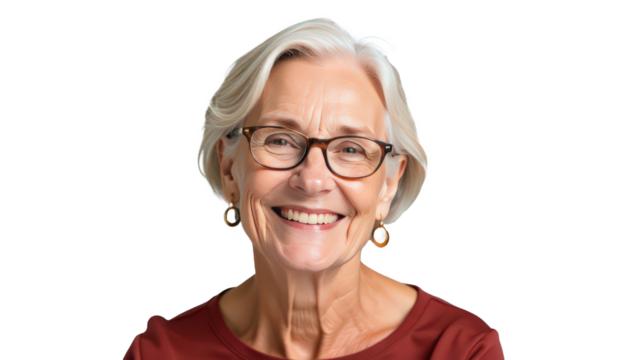 Portrait of a smiling old senior woman, glasses, stylish mature woman, looking at camera, happy face, isolated on transparent background, horizontal