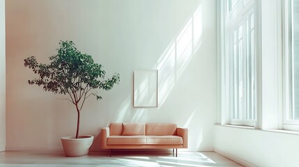 Modern Minimalistic Concrete Coworking Office room with Blank Walls, High Ceilings,and Mockup Frame