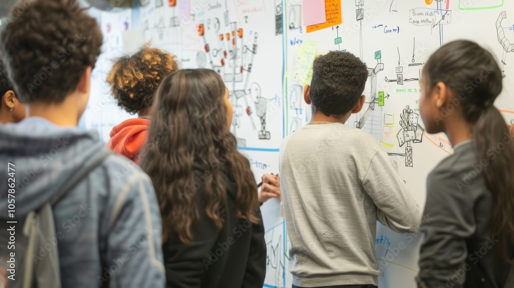 Poster diverse students brainstorm project ideas on whiteboard, using creativity and problem solving skills