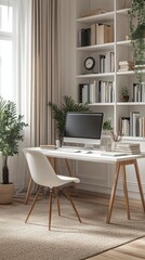 Bright and modern home office setup with plants, desk, and computer in a cozy atmosphere