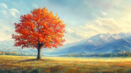 Fototapeta premium A single, vibrant red maple tree stands in a golden field with snow-capped mountains in the distance.