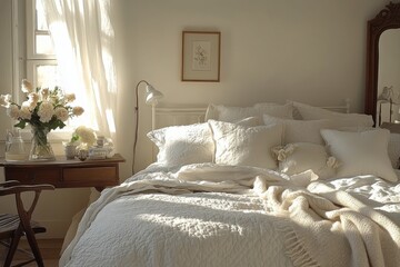 Cozy bedroom with natural light, woven decor, and soft textiles in a serene environment