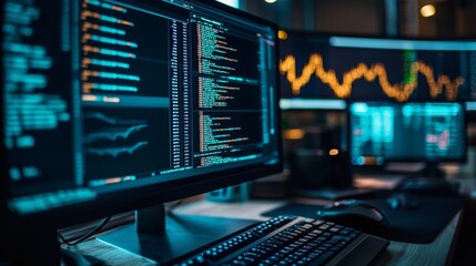 Computer Screens with Code and Financial Charts in Modern Office