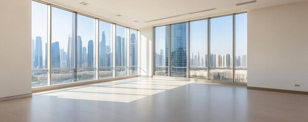 Fototapeta premium Investor in an office, large windows overlooking urban development