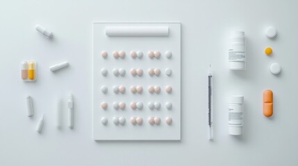 A collection of various pills and medical supplies arranged on a white background.