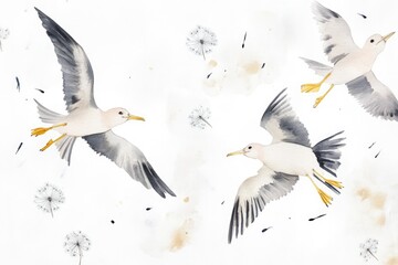 Obraz premium Cute Watercolor Illustration of Seabirds with Dandelions for Children's Art and Decor