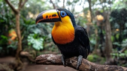 Obraz premium Colorful toucan perched on a branch surrounded by lush tropical foliage in a rainforest setting